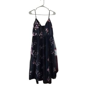 Black‎ Tulle Floral Embroidered Spaghetti Strap Midi Dress